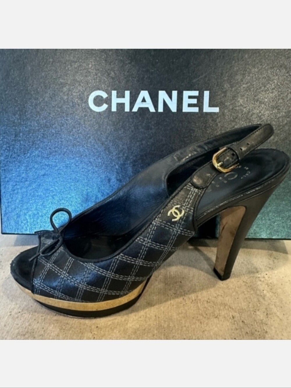 PREOWNED/ORIGINAL BOX CHANEL OPEN-TOE SLING-BACK HEELS GOLD ACCENTS SIZE 8!